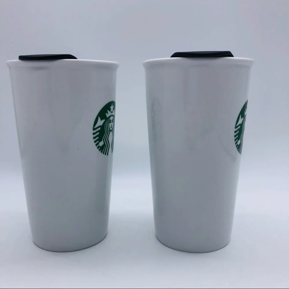 Starbucks set of 2 ceramic 10 ounce travel tumbler with black sliding lids